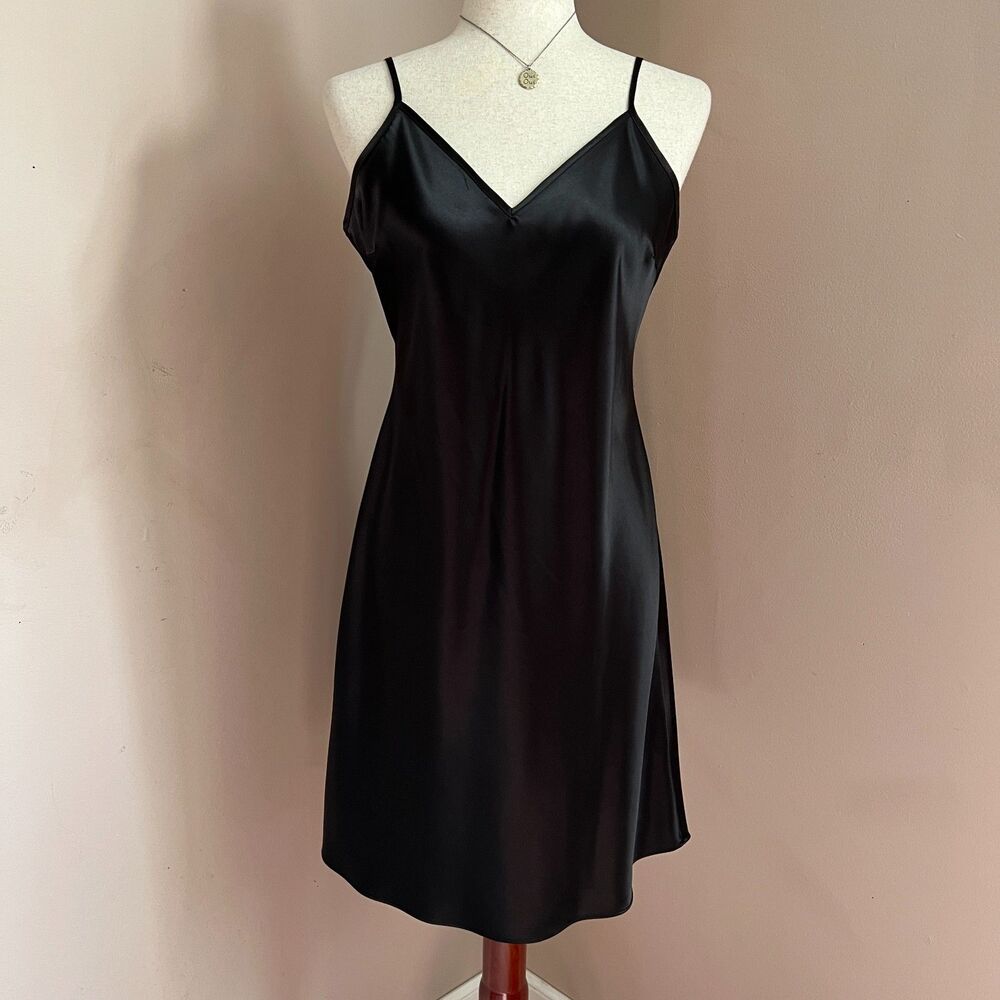 ECI New York Black Silk Blend Satin Slip Dress 90s Old Money Quiet Luxury Size 8